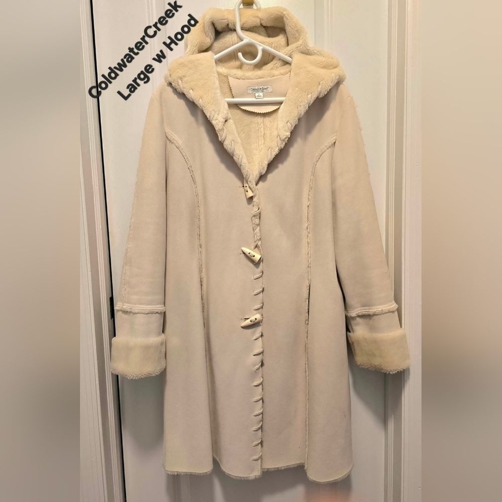 Coldwater Creek Size Large Womens Warm Whipstitch Faux Suede Hooded Coat.